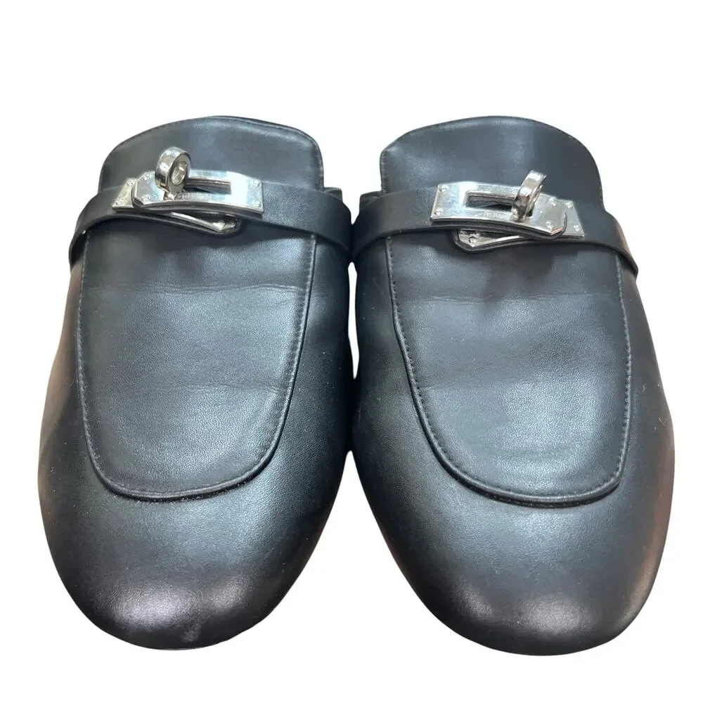 Hermes Oz Mules Black Leather Silver Kelly Buckle Slip On Mules Size 40 US 10